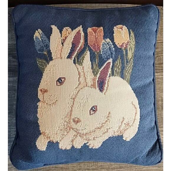 Needlepoint Throw Pillow Easter Spring Bunnies Tulips 10”x 11" Blue Dusty Rose - Picture 1 of 8